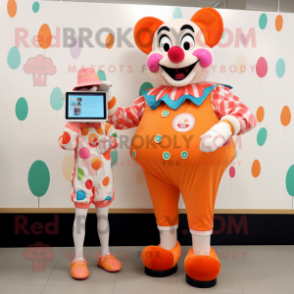 Peach Clown mascot costume character dressed with a Romper and Smartwatches