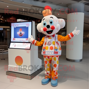 Peach Clown mascot costume character dressed with a Romper and Smartwatches