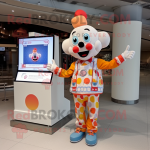 Peach Clown mascot costume character dressed with a Romper and Smartwatches