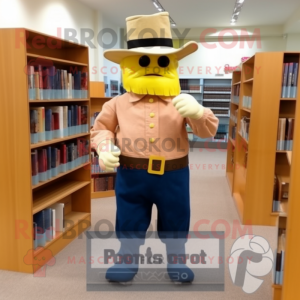 Peach Civil War Soldier mascot costume character dressed with a Dungarees and Reading glasses