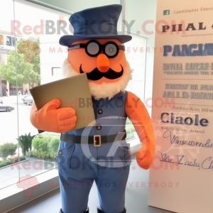 Peach Civil War Soldier mascot costume character dressed with a Dungarees and Reading glasses