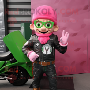 Pink Leprechaun mascot costume character dressed with a Moto Jacket and Beanies