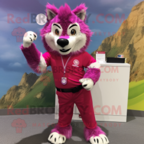 Magenta Say Wolf mascot costume character dressed with a Skirt and Bracelet watches