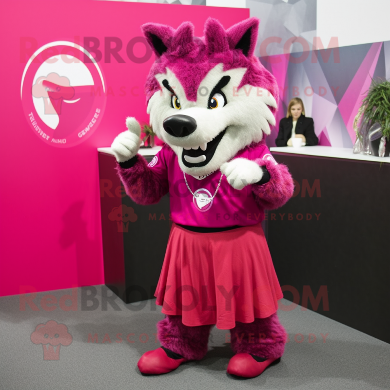 Magenta Say Wolf mascot costume character dressed with a Skirt and Bracelet watches