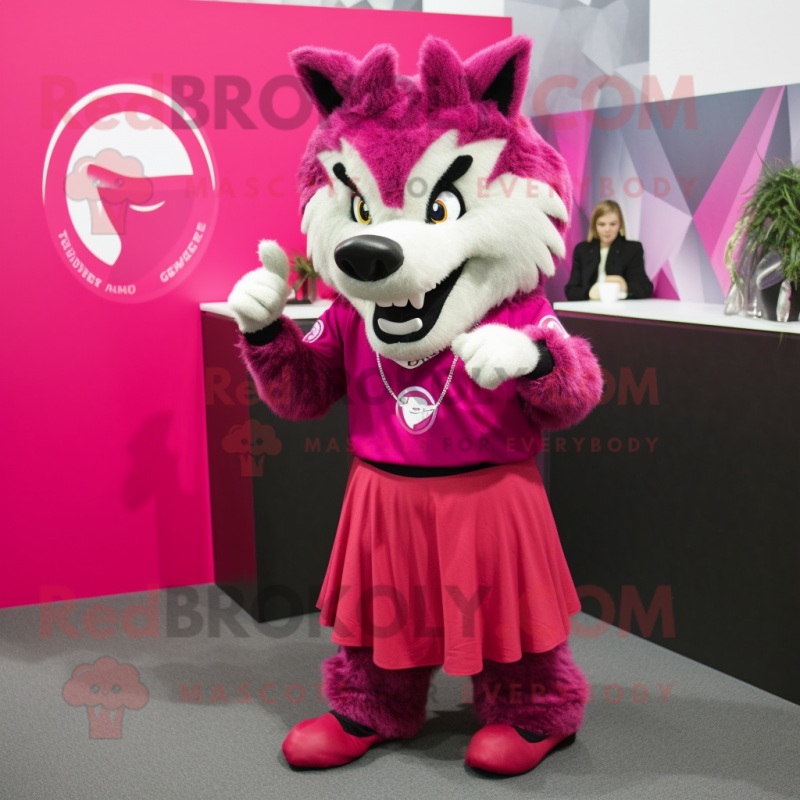 Magenta Say Wolf mascot costume character dressed with a Skirt and Bracelet watches Magenta Say Wolf mascot costume character dressed with a Skirt and Bracelet watches