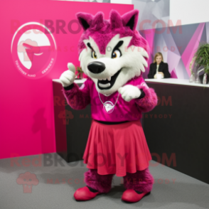 Magenta Say Wolf mascot costume character dressed with a Skirt and Bracelet watches