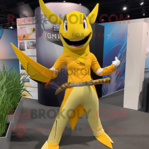 Yellow Swordfish mascot costume character dressed with a Bikini and Belts