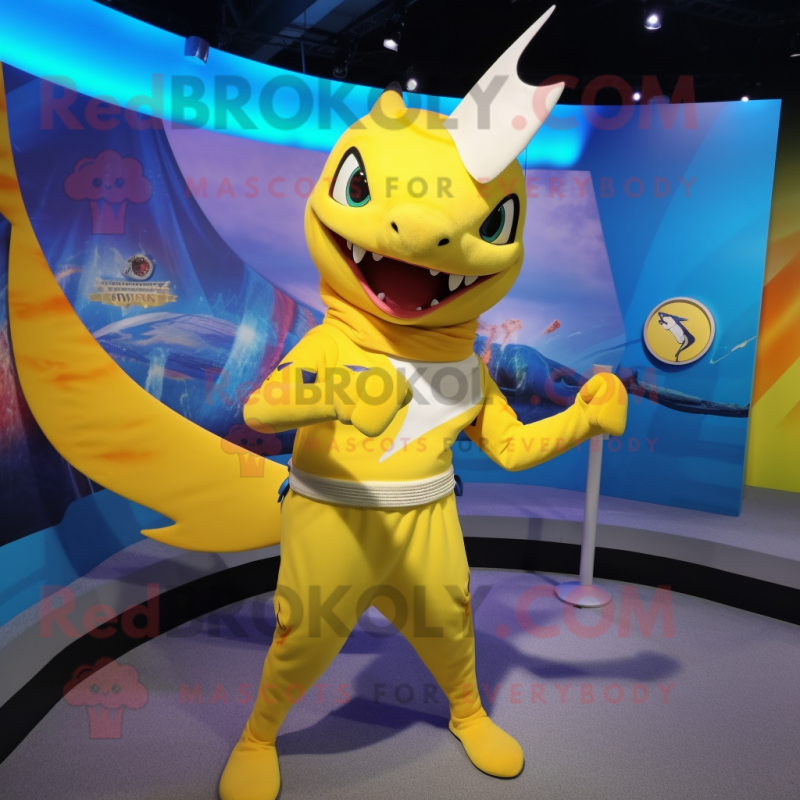 Yellow Swordfish mascot costume character dressed with a Bikini and Belts