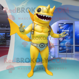 Yellow Swordfish mascot costume character dressed with a Bikini and Belts