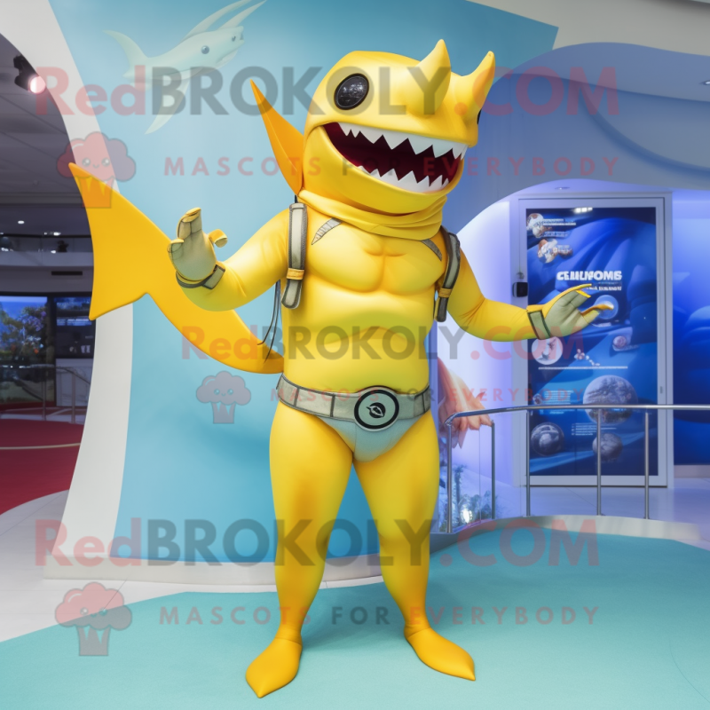 Yellow Swordfish mascot costume character dressed with a Bikini and Belts Yellow Swordfish mascot costume character dressed with a Bikini and Belts