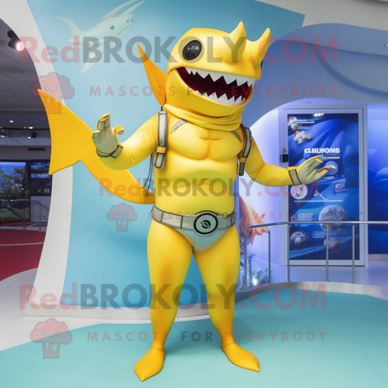 Yellow Swordfish mascot costume character dressed with a Bikini and Belts