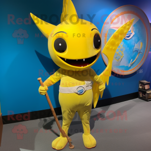 Yellow Swordfish mascot costume character dressed with a Bikini and Belts