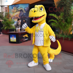 Lemon Yellow Allosaurus mascot costume character dressed with a Joggers and Keychains