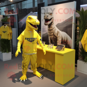 Lemon Yellow Allosaurus mascot costume character dressed with a Joggers and Keychains