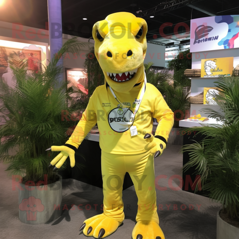 Lemon Yellow Allosaurus mascot costume character dressed with a Joggers and Keychains Lemon Yellow Allosaurus mascot costume character dressed with a Joggers and Keychains