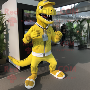 Lemon Yellow Allosaurus mascot costume character dressed with a Joggers and Keychains