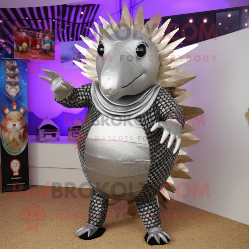 Silver Armadillo mascot costume character dressed with a Bikini and Tie pins