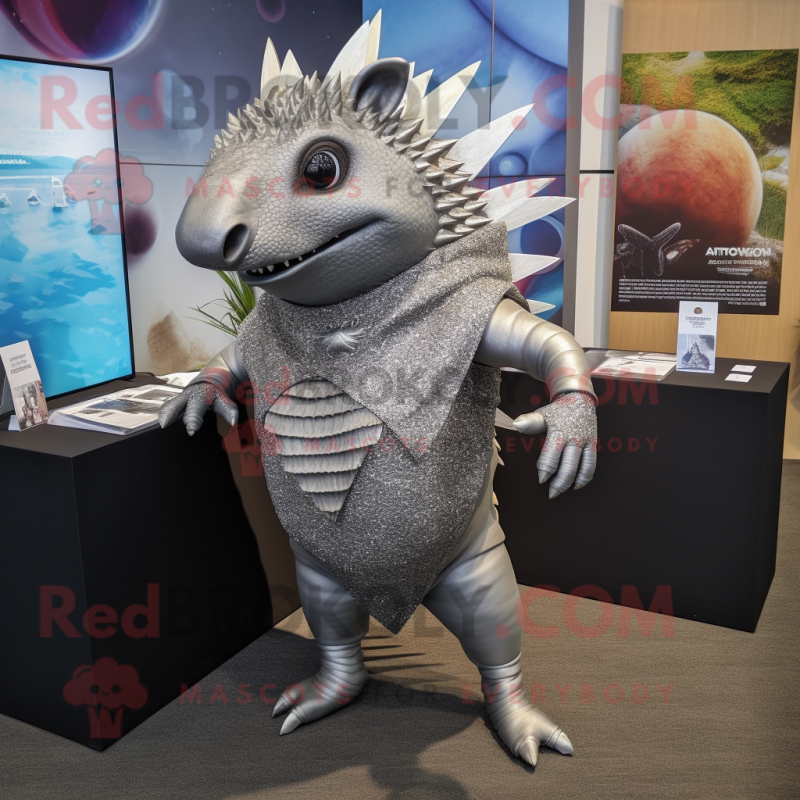 Silver Armadillo mascot costume character dressed with a Bikini and Tie pins Silver Armadillo mascot costume character dressed with a Bikini and Tie pins