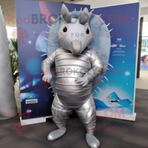 Silver Armadillo mascot costume character dressed with a Bikini and Tie pins