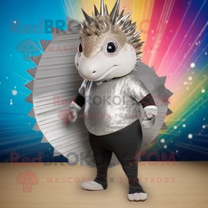 Silver Armadillo mascot costume character dressed with a Bikini and Tie pins