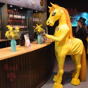 Yellow Horse mascot costume character dressed with a Cocktail Dress and Watches