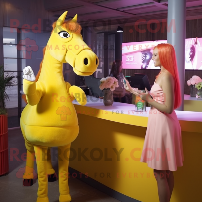 Yellow Horse mascot costume character dressed with a Cocktail Dress and Watches Yellow Horse mascot costume character dressed with a Cocktail Dress and Watches