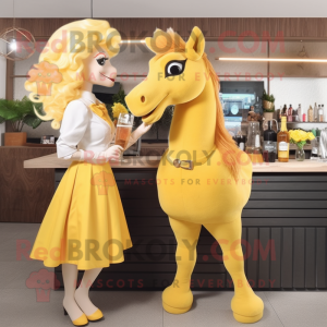 Yellow Horse mascot costume character dressed with a Cocktail Dress and Watches