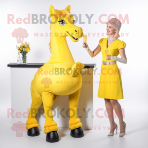 Yellow Horse mascot costume character dressed with a Cocktail Dress and Watches