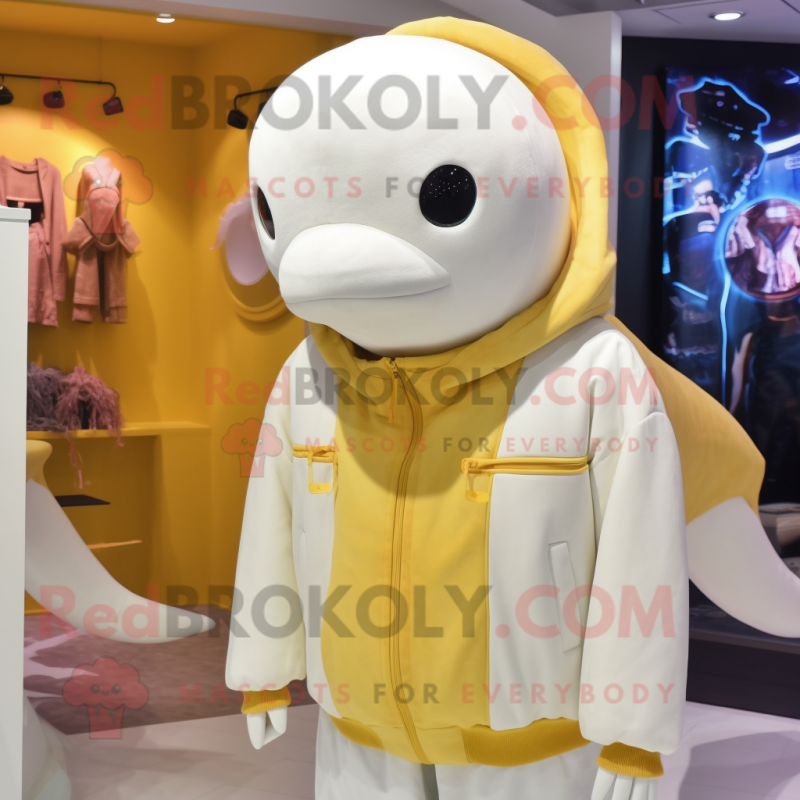 Gold Beluga Whale mascot costume character dressed with a Parka and Hair clips