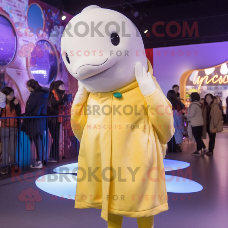 Gold Beluga Whale mascot costume character dressed with a Parka and Hair clips Gold Beluga Whale mascot costume character dressed with a Parka and Hair clips