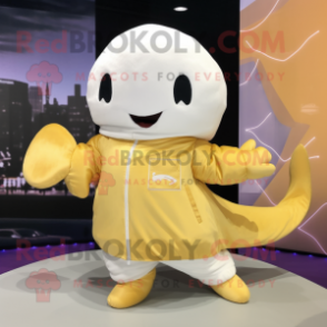 Gold Beluga Whale mascot costume character dressed with a Parka and Hair clips