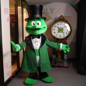 Green Hourglass mascot costume character dressed with a Tuxedo and Shoe clips