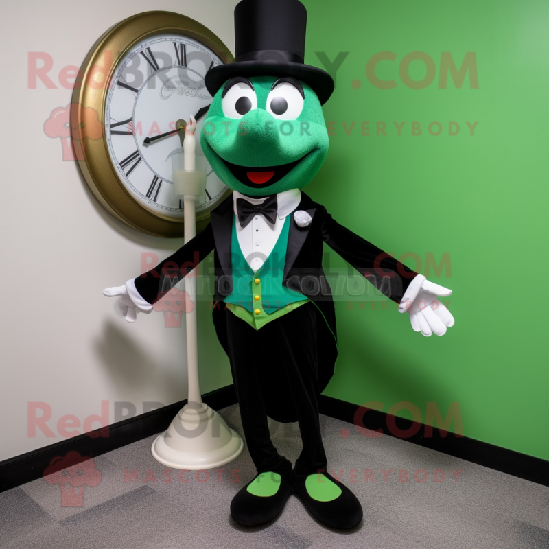 Green Hourglass mascot costume character dressed with a Tuxedo and Shoe clips Green Hourglass mascot costume character dressed with a Tuxedo and Shoe clips