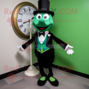 Green Hourglass mascot costume character dressed with a Tuxedo and Shoe clips