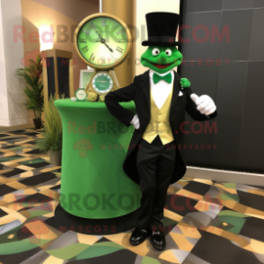 Green Hourglass mascot costume character dressed with a Tuxedo and Shoe clips