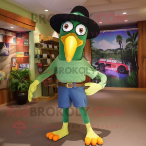 Green Toucan mascot costume character dressed with a Skinny Jeans and Hats