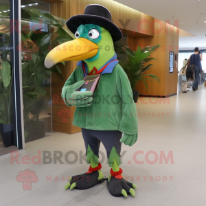 Green Toucan mascot costume character dressed with a Skinny Jeans and Hats