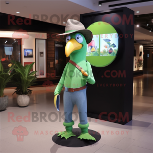 Green Toucan mascot costume character dressed with a Skinny Jeans and Hats