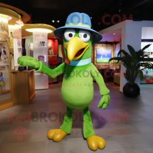 Green Toucan mascot costume character dressed with a Skinny Jeans and Hats