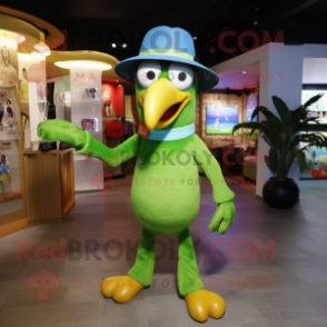 Green Toucan mascot costume character dressed with a Skinny Jeans and Hats