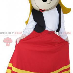 Mascot chica rubia vestida con un vestido muy colorido -