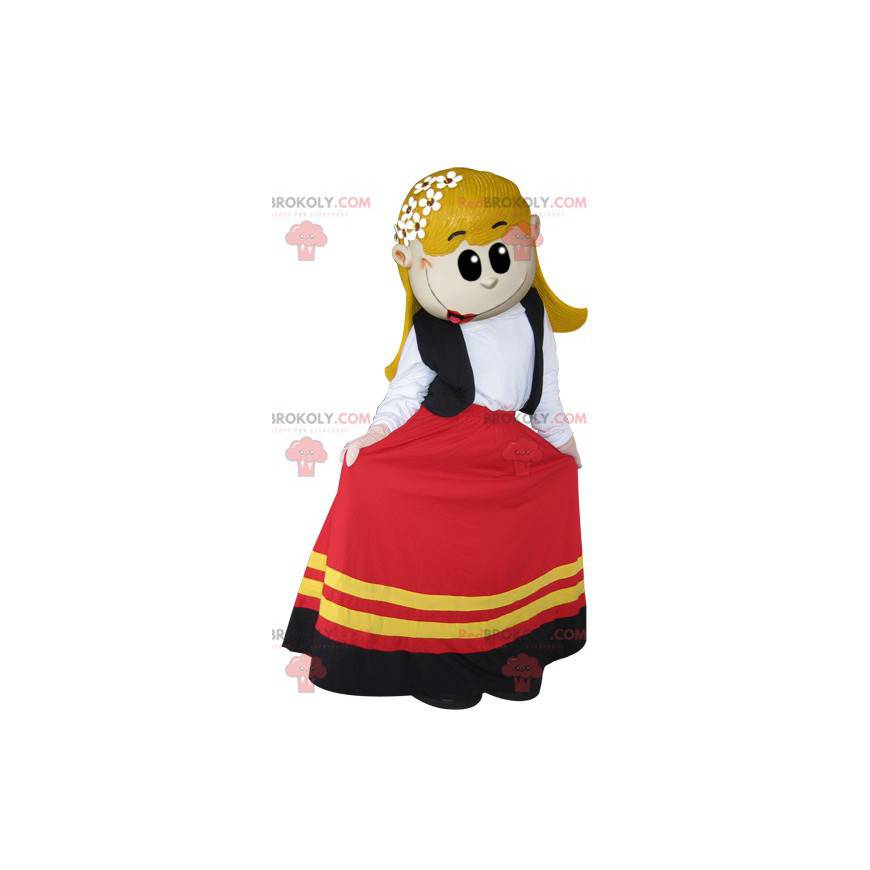 Mascot chica rubia vestida con un vestido muy colorido -