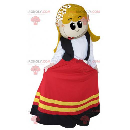 Mascot chica rubia vestida con un vestido muy colorido -