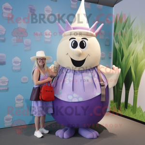 Lavender Onion mascot costume character dressed with a Maxi Skirt and Backpacks