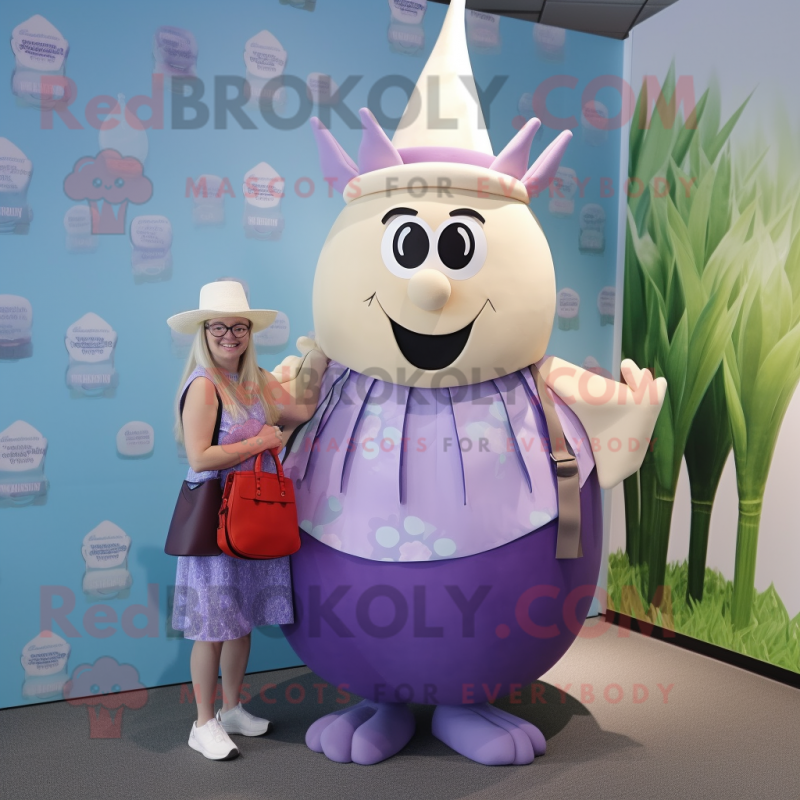 Lavender Onion mascot costume character dressed with a Maxi Skirt and Backpacks Lavender Onion mascot costume character dressed with a Maxi Skirt and Backpacks