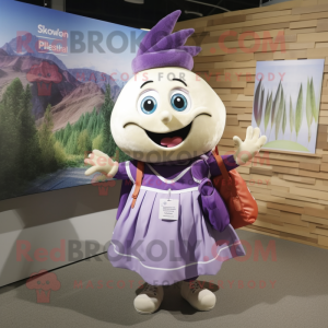 Lavender Onion mascot costume character dressed with a Maxi Skirt and Backpacks