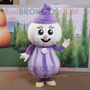 Lavender Onion mascot costume character dressed with a Maxi Skirt and Backpacks