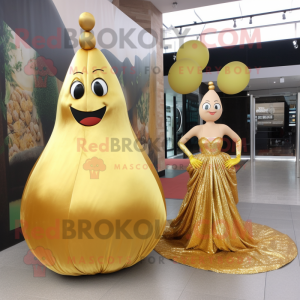 Gold Pear mascot costume character dressed with a Evening Gown and Backpacks