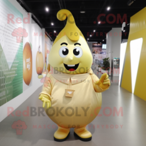 Gold Pear mascot costume character dressed with a Evening Gown and Backpacks