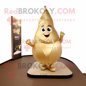 Gold Pear mascot costume character dressed with a Evening Gown and Backpacks